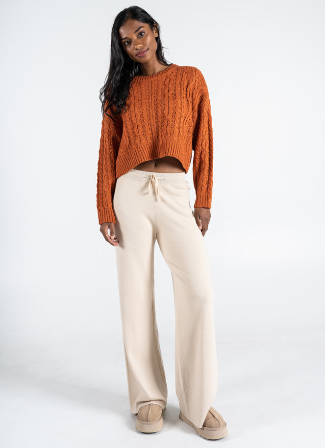 Viscose Blend Knit Tie Front Wide Leg Pant