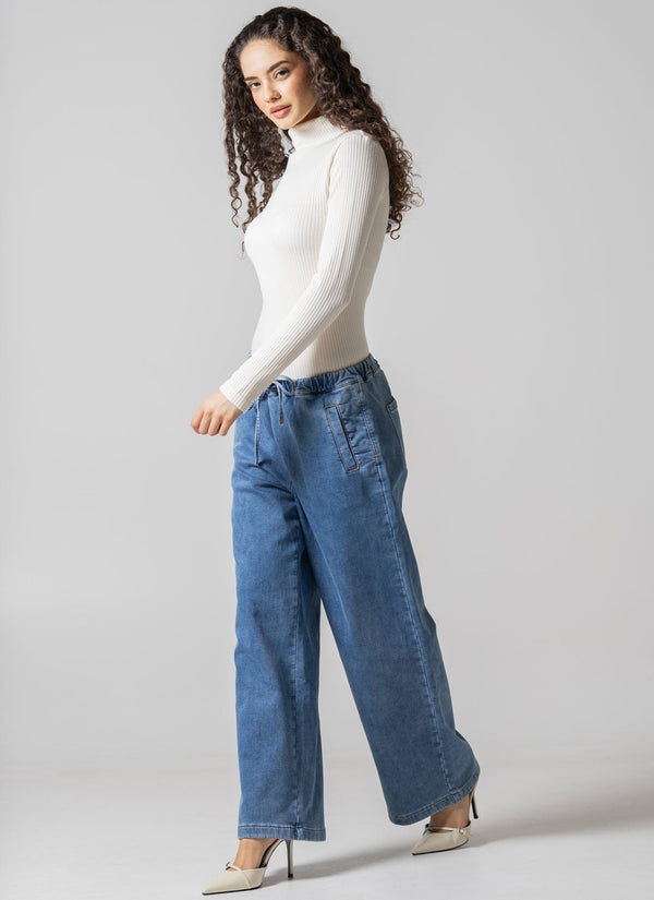 Wide Leg Tie Front Terry Denim Pant