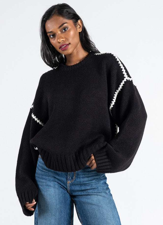 Knit Sweater W/Embroidered Contrasting Thread