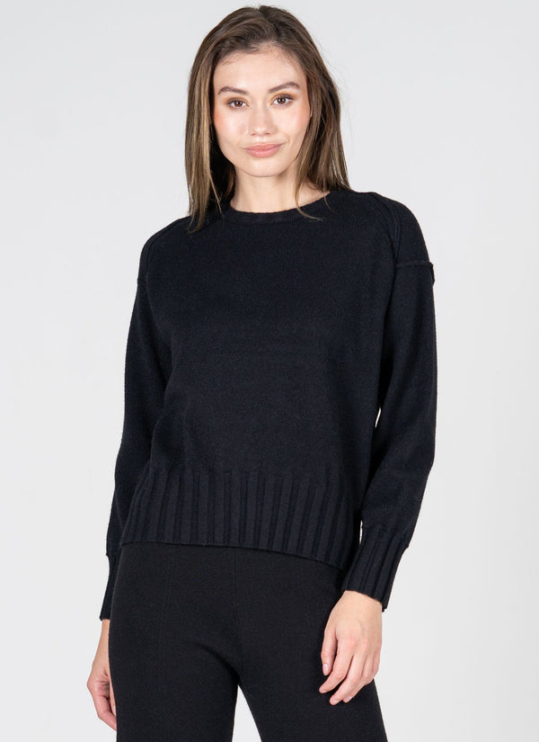Viscose Blend Knit Rib Detail Crew Neck Sweater